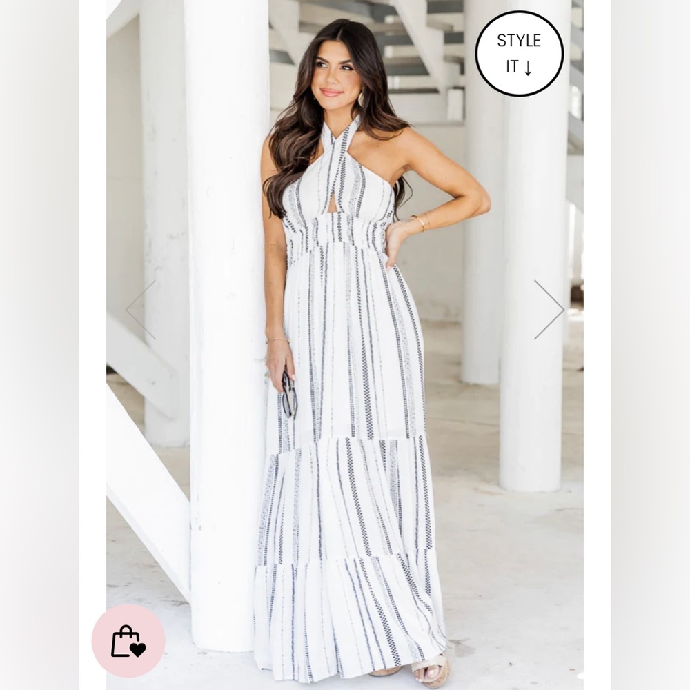White with black striping halter maxi dress